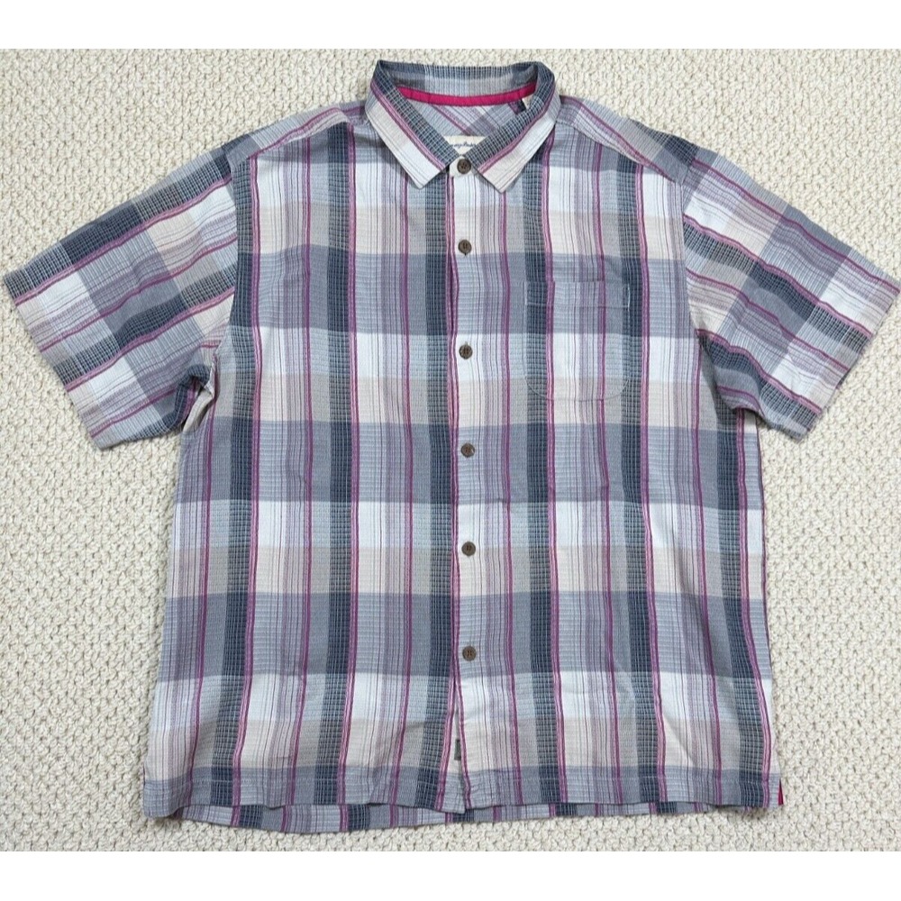 Tommy Bahama Shirt Mens XL Multi Color Plaid 100% Silk Short Sleeve Button Up